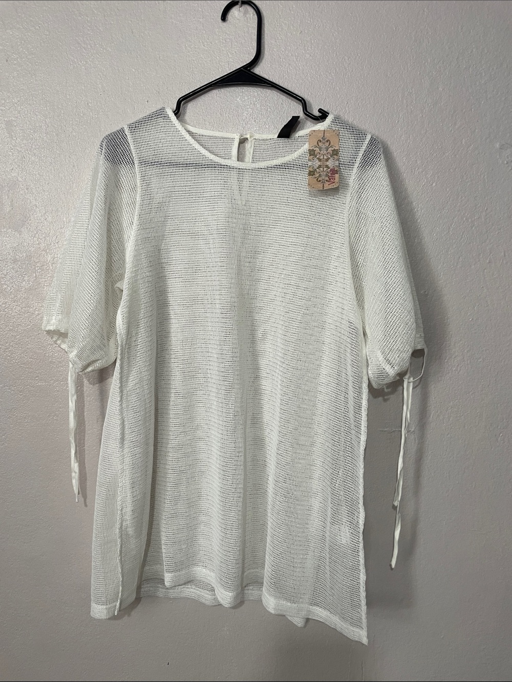 Sheer White Knit Tie-Sleeve Tunic Top